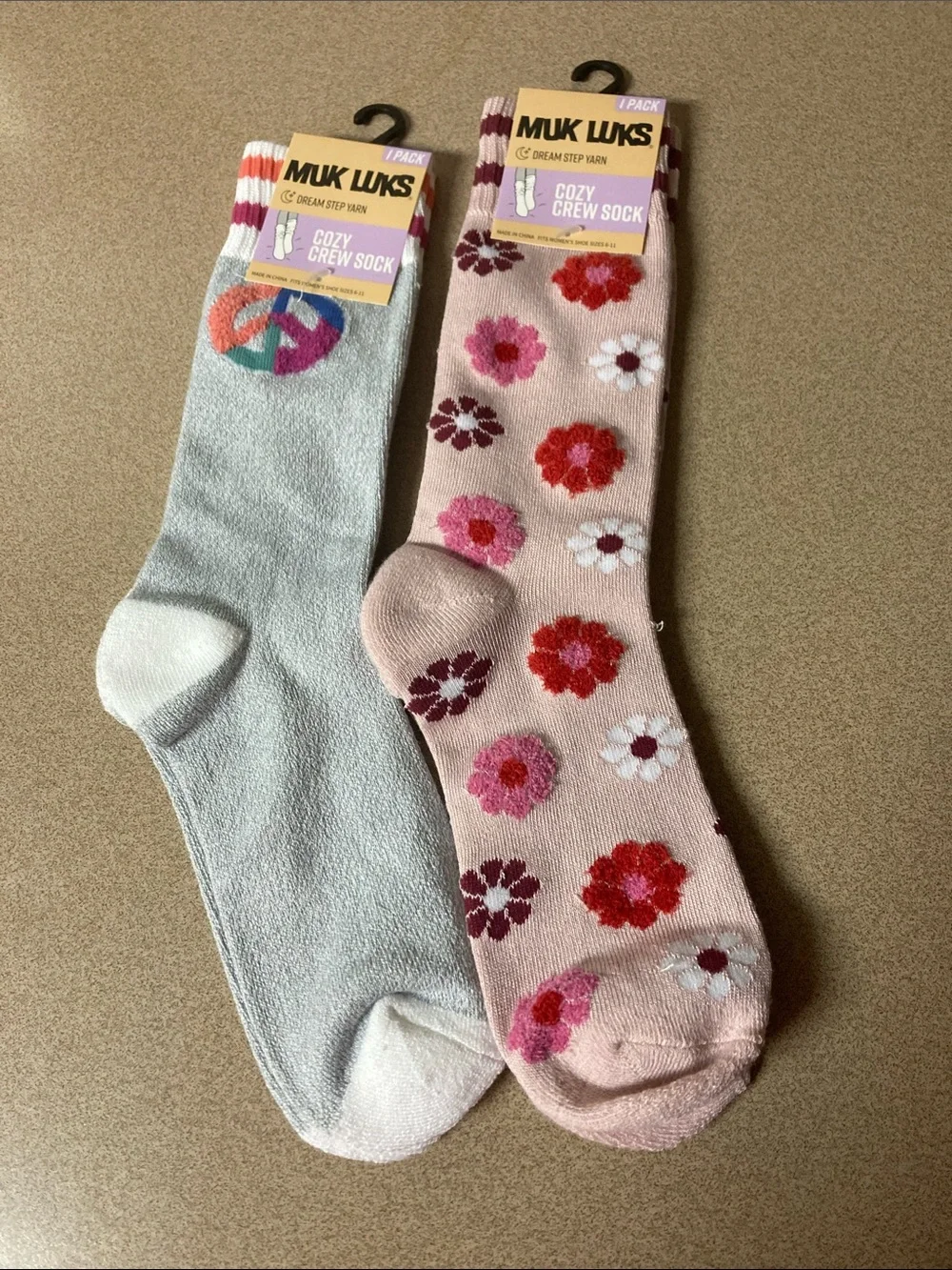 Muk Luks Crew Socks - Light Blue Peace Sign & Pink Floral (2-Pack)